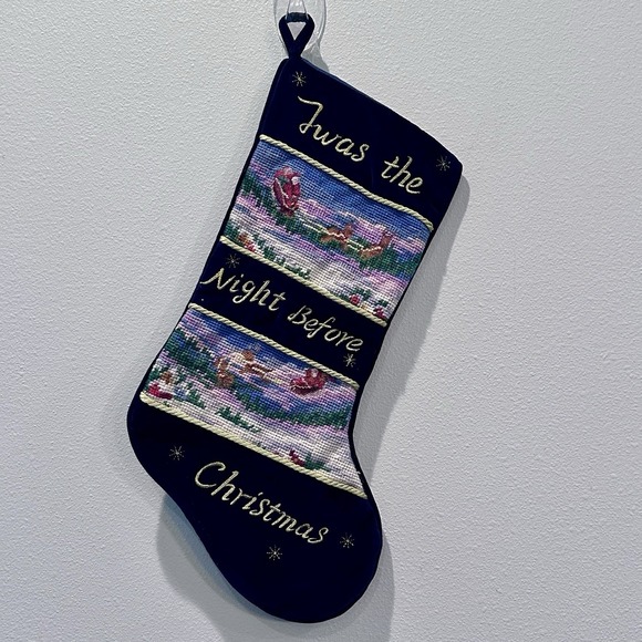 Navy Blue Needlepoint Christmas Stocking Velvet - Twas The Night Before Xmas - Picture 1 of 10